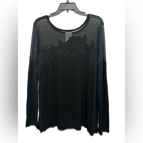 Vocal USA Long Sleeve Mesh Neckline Floral Textured Top Size Large Black - Picture 2 of 4